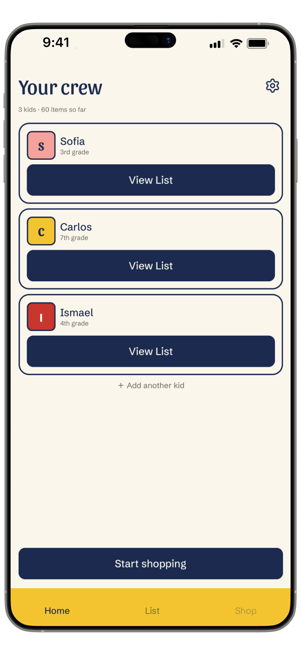 App home screen listing each child with their supply-list progress