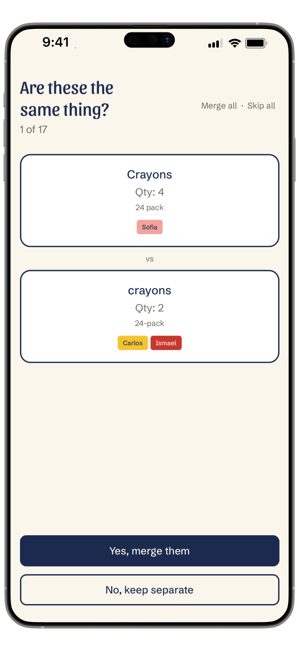 App screen highlighting duplicate supplies shared across kids so you only buy what you need