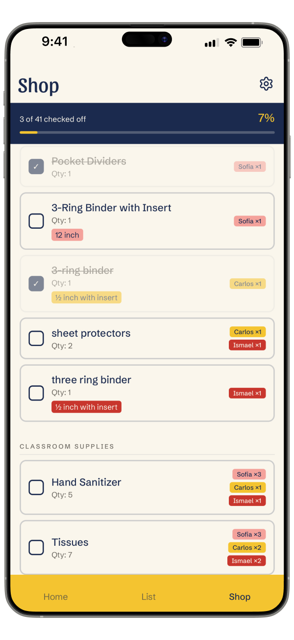 App shopping screen with a merged checklist color-coded by kid